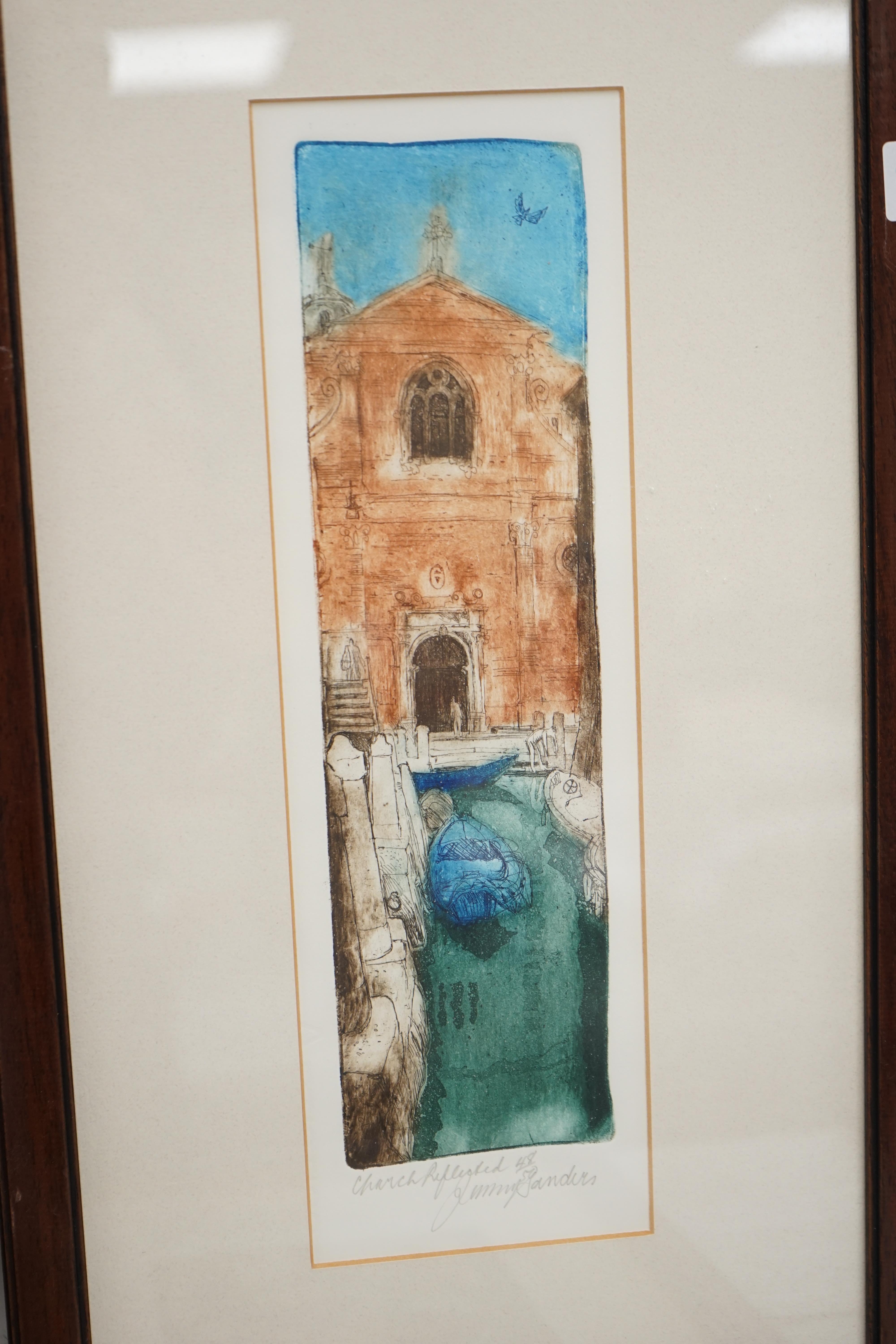 Jenny Sanders, four colour etchings, Venetian scenes including ‘St. Mark's, Venice’ and ‘Castello Sestiere’, each pencil signed and limited edition, largest 31 x 16cm. Condition - good
